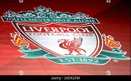 File photo dated 24-06-2020 of Liverpool club badge in the stands. Liverpool have been drawn against Real Madrid in the last 16 of the Champions League. Issue date: Monday November 7, 2022. Stock Photo