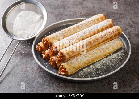 Tasty wafer rolls with boiled condensed milk on dark background close up. Horizontal Stock Photo
