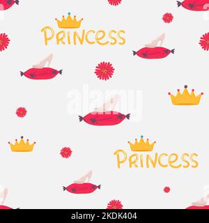 Little princess seamless pattern. Bright pink, gray, cream colors. Illustration of crowns and little hearts. Stock Vector