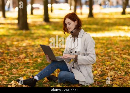 Concentrated caucasian millennial female with red hair in raincoat sits on ground with yellow leaves, typing on pc Stock Photo