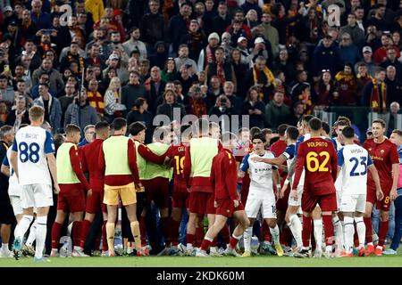 Rome, Italy. 06th Nov, 2022. Roma and Lazio players argue during their Serie A football match at Rome's Olympic stadium, Rome, Italy, November 6, 2022. Credit: Riccardo De Luca - Update Images/Alamy Live News Stock Photo