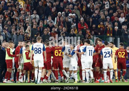 Rome, Italy. 06th Nov, 2022. Roma and Lazio players argue during their Serie A football match at Rome's Olympic stadium, Rome, Italy, November 6, 2022. Credit: Riccardo De Luca - Update Images/Alamy Live News Stock Photo