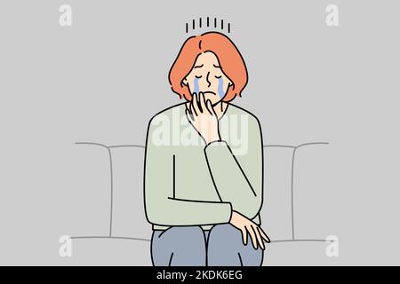 Unhappy young woman sit on couch crying suffering from depression or loneliness. Upset female distressed with solitude or breakup. Vector illustration.  Stock Vector