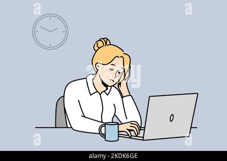 Exhausted female employee sit at office desk work on computer feel sleepy and overwhelmed. Tied woman worker feeling burnout at workplace. Fatigue. Vector illustration.  Stock Vector