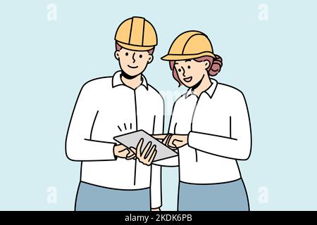 Smiling engineers in helmets working together at building site. Happy architects team brainstorm cooperate at construction place. Vector illustration.  Stock Vector
