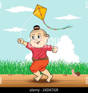 vector illustration Traditional Thailand children are flying kite The child was jogging on a rural dirt road, with the sky, clouds, and meadows in the Stock Vector