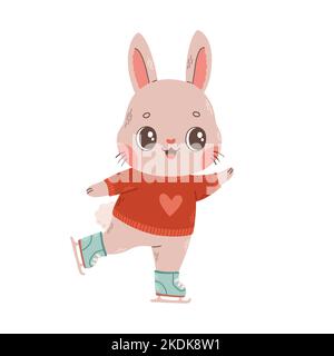 Cute bunny ice skating. Rabbit, hare character. Vector hand drawn illustration of winter recreation. Stock Vector