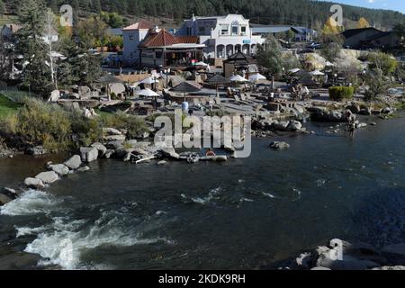 The Springs Resort and Spa known for their hot springs is alongside the San Juan River in Pagosa Springs, Colorado, USA. Stock Photo