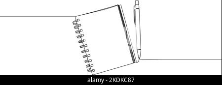 continuous single line drawing of spiral notepad and pen isolated on white, line art vector illustration Stock Vector