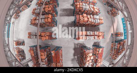 fisheye view of an industrial warehouse. 3d render Stock Photo