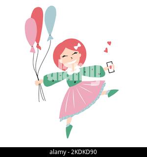 Cute girl holds balloons in hands and reads a love message on her smartphone Stock Vector
