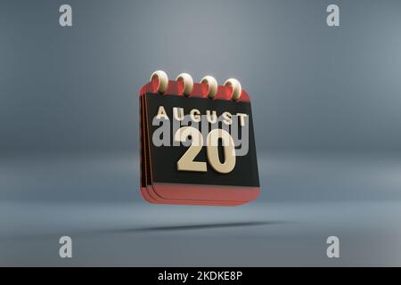 Standing black and red month lined desk calendar with date August 20. Modern design with golden elements, 3d rendering illustration. Blue gray backgro Stock Photo