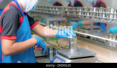 Worker working in canned food factory. Food industry. Canned fish factory. Workers weighing sardines in cans on a weight scale. Worker in food process Stock Photo