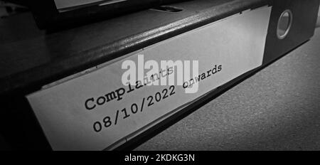 Complaint Cases 2022 onwards, lever arch file, containing separate issues and cases, in an office environment Stock Photo