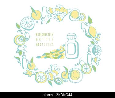 Biologically Active Additives BAA Dietary supplements, bottle with set of vitamins, antioxidant tablets capsules, doodle round hand drawn elements. Vector illustration Stock Vector