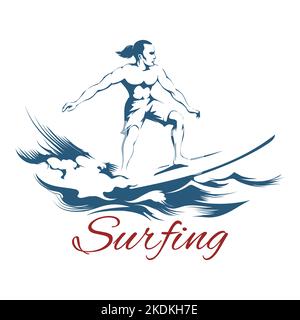 Surfing Emblem with Surfer Riding on a long Board and wording Surfing isolated on white. Vector illustration. Stock Vector
