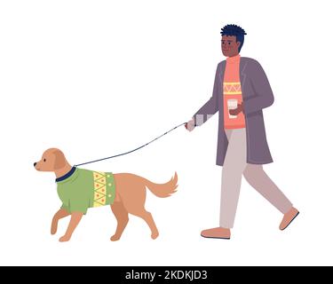 Stylish man with coffee walking dog on leash semi flat color vector characters Stock Vector