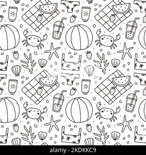 Cute seamless pattern with summer doodles - beach ball, bikini, sunscreen, fruits, crabs, corals, starfish and seashells. Stock Vector