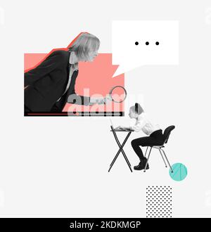 Contemporary art collage. Conceptual image. Young motivated woman, student learning class with online lessons Stock Photo