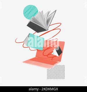 Contemporary art collage. Conceptual image. Paper books falling down into laptop symbolizing popularity of online information search Stock Photo