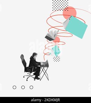 Contemporary art collage. Conceptual image. Young woman writing scientific report on laptop. Search of information Stock Photo