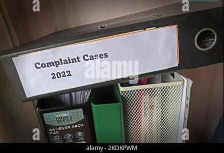 Complaint Cases 2022 lever arch file, containing separate issues and cases, in an office environment Stock Photo