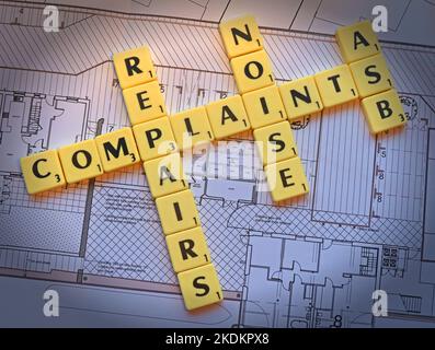 All types of complaint - Repairs,ASB, Noise - Scrabble letters on plans for a housing scheme - Property Issues Stock Photo