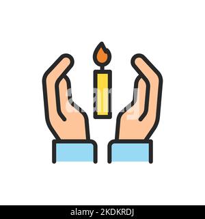 Hands holding condolence candle color line icon. Isolated vector element. Stock Vector