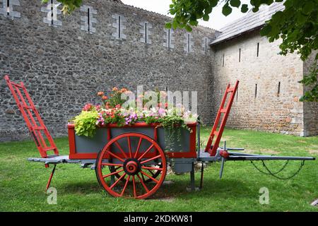 Old Wooden Hay Cart or Farm Wagon Restored, Painted & Used as Decorative Flower Planter or Flower Display Colmars-les-Alpes Provence France Stock Photo