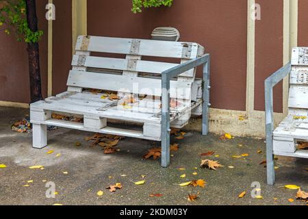 White Seat Made From Used Cargo Pallets Upcycling Stock Photo