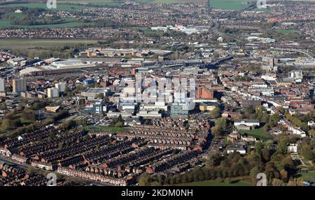 aerial view of Doncaster city centre viewed from the South looking North, South Yorkshire Stock Photo