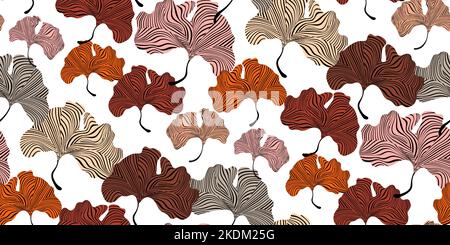 Ginkgo biloba leaves seamless pattern in trendy minimal style. Brown dry autumn leaves of ginkgo bilboa. Floral design for wall art, design, printing Stock Vector