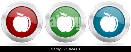Apple vector icon set. Red, blue and green silver metallic web buttons with chrome border Stock Vector