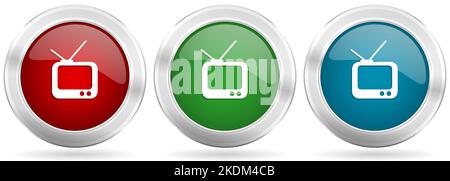 Tv vector icon set. Red, blue and green silver metallic web buttons with chrome border Stock Vector