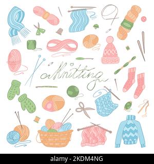 Set vector illustration. Knitting tools, yarn, wools, knitting needles. Stock Vector