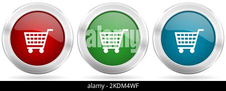 Shopping cart, shop, trolley vector icon set. Red, blue and green silver metallic web buttons with chrome border Stock Vector