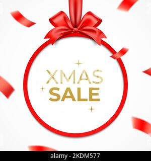 Red giftbox circle frame with exploded satin ribbon and XMAS SALE golden text on a white background. Christmas sale card vector design. Stock Vector