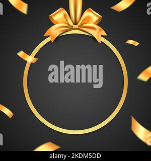 Golden gift box circle frame with bow and exploded ribbon on a black background. Luxury style gift card vector design. Stock Vector