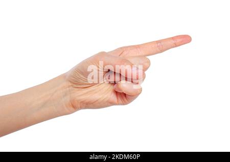 Female hand points a finger isolated on white. Stock Photo
