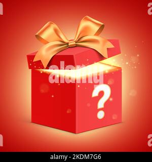 Open red gift box with question mark, golden ribbon and magical glitter light, shining from inside. Secret giftbox standing on red gradient background,. Hidden gift vector banner design. Stock Vector