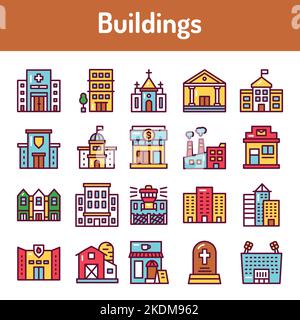 Building color line icons set. Isolated vector element. Stock Vector