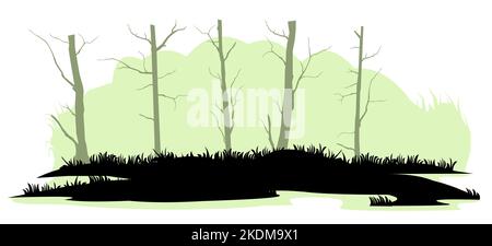 Dried trees. Swamp landscape. View of the river bank. Silhouette picture. Isolated on white background. Vector Stock Vector