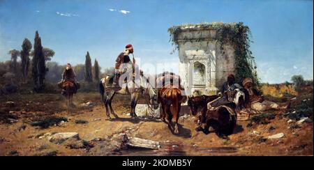 Arabs Resting by a Marble Fountain by Christian Adolf Schreyer (1828-1899), oil on canvas, 1856 Stock Photo