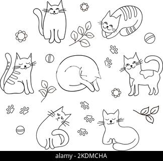 Vector illustration set of children and cats. Happy, funny kids playing ...