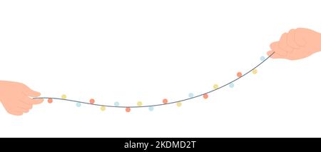 Two hands hold a festive garland with multi-colored light bulbs Stock Vector