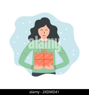 Cute girl in a sweater with a holiday gift. New Year's and Christmas Stock Vector