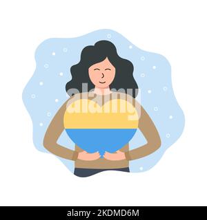 Woman holding Ukrainian heart. Donating and volunteering concept. Vector illustration in flat cartoon style Stock Vector