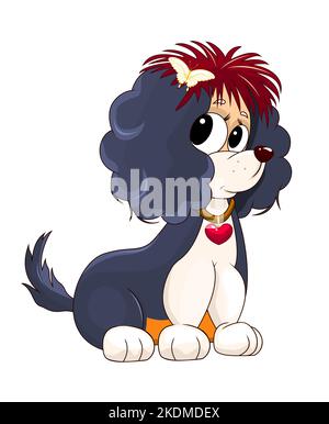 A cartoon dog with a heart on a collar and with a hairpin in the form of a butterfly sits on a white background. Stock Vector