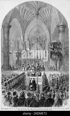 Grand Requiem Mass in St. Patrick's Cathedral, New York, Friday, January 16th, 1863, for the repose of the souls of the officers and men of the Irish Brigade killed in the war. 19th century American Civil War illustration from Frank Leslie's Illustrated Newspaper Stock Photo