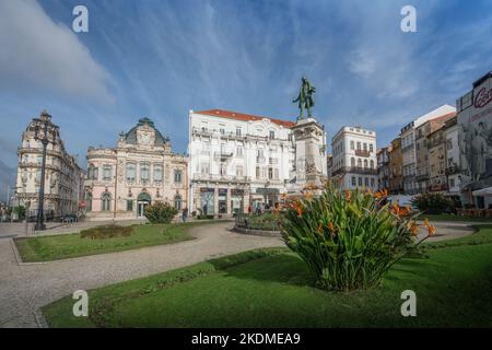 Largo da Portagem Square and Joaquim Antonio de Aguiar Statue - Coimbra, Portugal Stock Photo